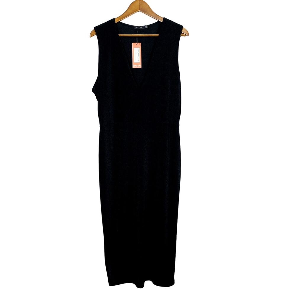 NEW! Boohoo Plunge Textured Slinky Midi Dress Plus Black Metallic - 20